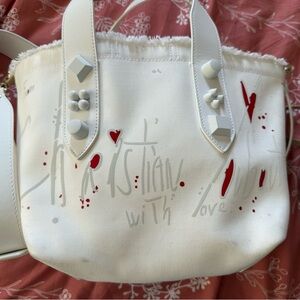 Christian Louboutin White and Red Tote with Heart Accents